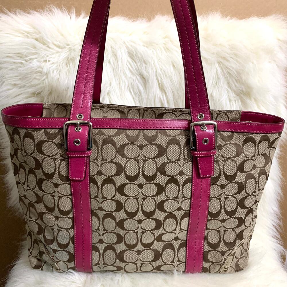 COACH HAMPTON Large Vintage Khaki & Pink Signature Canvas Tote F12647 - Picture 7 of 15